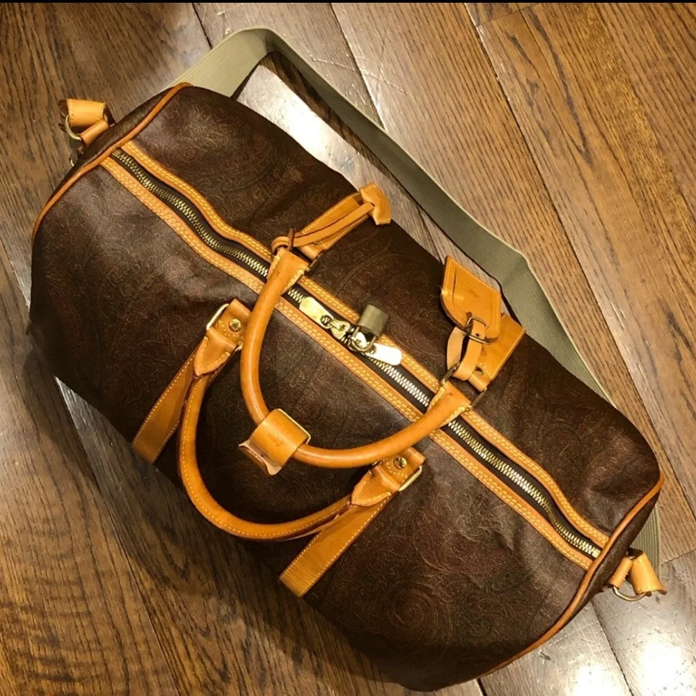 ETRO MILANO Paisley Coated Canvas Vachetta Leather Boston Shoulder Weekend Bag